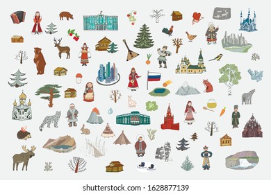 Hand drawn Russia doodle people, nature, objects, vector set, travel illustrations