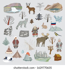 Hand drawn Russia doodle people, nature, objects, set, travel illustrations