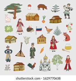 Hand drawn Russia doodle people, nature, objects, set, travel illustrations