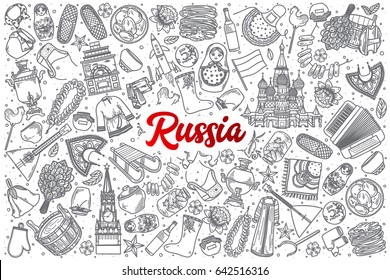 Hand drawn Russia doodle set background with red lettering in vector