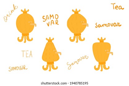 Hand drawn russian golden samovar. Kattle teapot object to make hot drinks beverages in winter seasons isolated on vector illustration with yellow lettering Tea 