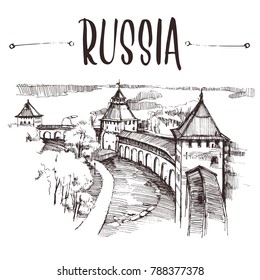 Hand drawn Russian Kremlin, urban sketch style vector illustration isolated on white background. Sketch style drawing of historical Russian Kremlin, building