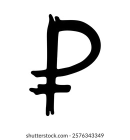 Hand drawn russian ruble currency symbol. Brush stroke doodle. Single element for design