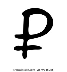 Hand drawn russian ruble currency symbol. Brush stroke doodle. Single element for design