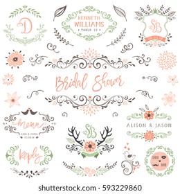 Hand drawn rustic Bridal Shower and Wedding collection with typographic design elements. Ornate motives, branches, wreaths, monograms, frames, antlers and flowers. Vector illustration.