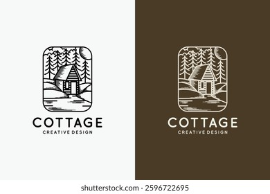 Hand drawn rustic cabin or cottage logo design sketch vector illustration