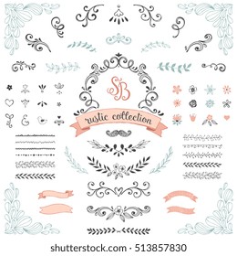 Hand drawn rustic design collection. Ornate motives, branches, dividers, wreaths, frames, banners, corners, flowers and brushes. Vector illustration.