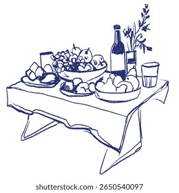 Hand Drawn Rustic Dinner Table with Wine, Bread and Fruit. Vintage Style Food and Drink Sketch for Farmhouse Decor, Menus and Kitchen Posters