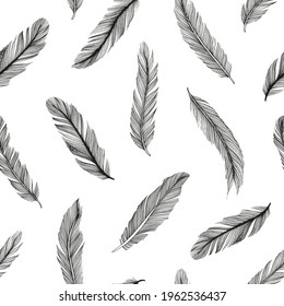 Hand drawn rustic ethnic decorative feathers. Vector seamless pattern. Tribal bird feathers ornament. Vector ink illustration isolated on white background. Ethnic boho style hand drawing