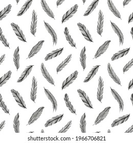 Hand drawn rustic ethnic decorative feathers. Vector seamless pattern. Tribal bird feathers ornament. Vector ink illustration isolated on white background. Ethnic boho style hand drawing