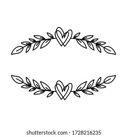 Hand drawn rustic floral border. Laurel wreath with hearts for wedding invitation or holidays postcard. Nature design element. Vintage ornament vector illustration isolated on white background.