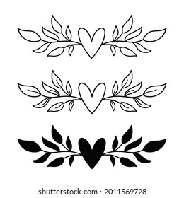 Hand drawn rustic floral border collection. Laurel wreath with heart for wedding invitation or holidays postcard. Nature design element. Vintage ornament vector illustration isolated.