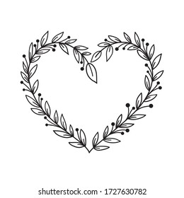 Hand drawn rustic floral frame. Laurel heart wreath for wedding invitation or holidays postcard. Nature design element. Vintage ornament vector illustration isolated on white background.