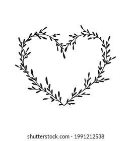 Hand drawn rustic floral frame. Branches heart wreath for wedding invitation or holidays postcard. Nature design element. Vintage border vector illustration isolated on white background.