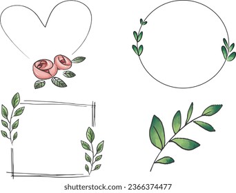 hand drawn rustic floral frame. set of vector graphic frames. floral heart shape frame