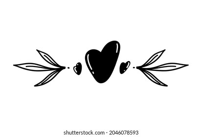 Hand drawn rustic floral heart border. Black line ornament vector illustration isolated on white background.
