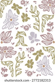 Hand drawn rustic floral pattern. Featuring soft muted tones and a boho aesthetic, it is perfect for invitations or branding. A truly unique and artistic botanical.
