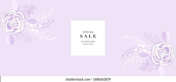Hand drawn rustic florals on violet  background for social media, advertising, banner, invitation card, wedding, fashion header