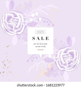 Hand drawn rustic florals on violet  background for social media, advertising, banner, invitation card, wedding, fashion header