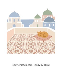 Hand Drawn Rustic Mediterranean Balcony View And Cat Illustration