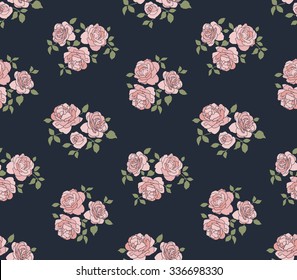 Hand drawn rustic pattern with roses on dark indigo background, vector illustration
