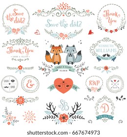 Hand drawn rustic Save the Date and Wedding collection with typographic design elements. Ornate motives, branches, wreaths, monograms, frames, fox couple, birds, antlers and flowers. 