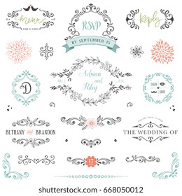 Hand drawn rustic Save the Date and Wedding collection with typographic design elements. Ornate motives, branches, wreaths, monograms, frames and flowers. Vector illustration.