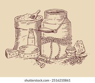 Hand drawn rustic style drawing of vintage elements of rural town cuisine.