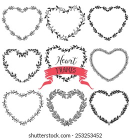 Hand drawn rustic vintage heart wreaths. Floral vector graphic. Nature design elements