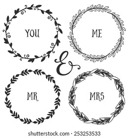 Hand drawn rustic vintage wreaths with lettering. Floral vector graphic. Nature design elements