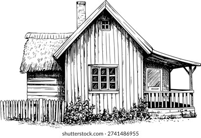 Hand Drawn of a Rustic Wooden Cabin with Thatched Roof and Picket Fence house
