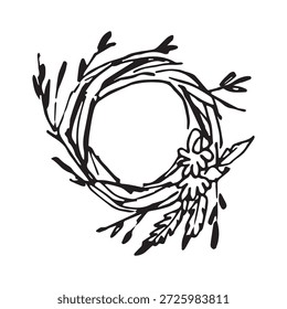 Hand drawn rustic wreath frame in whimsical black line art style made of branches and leaves. Circular floral border isolated on white background for spring, Easter and botanical design.