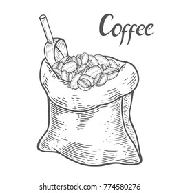 Hand drawn Sack with coffee beans with metallic scoop. sketch style. Vintage vector engraving illustration for label, web. Isolated on white background
