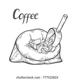 Hand drawn Sack with coffee beans with metallic scoop. sketch style. Vintage vector engraving illustration for label, web. Isolated on white background