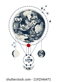 Hand drawn sacred geometry background with Earth and Moon. Tattoo concept. Vector background in retro style