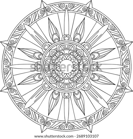 Hand Drawn Sacred Kaleidoscope Composition Echoing Ancient Zellige Tessellation Motifs in Monochrome Ink Illustration
