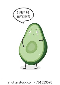 Hand drawn sad avocado. Cartoon vector illustration