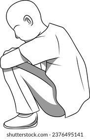 Hand drawn Sad Bald Character Setting Vector Illustration, Depressed Person Drawing 