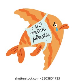 Hand drawn sad and crying fish that got stuck in a plastic bag, concept of environmental problems and plastic in the water, isolated vector illustration
