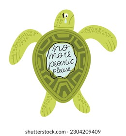Hand drawn sad and crying turtle with message about environmental plastic pollution in the water, isolated vector illustration