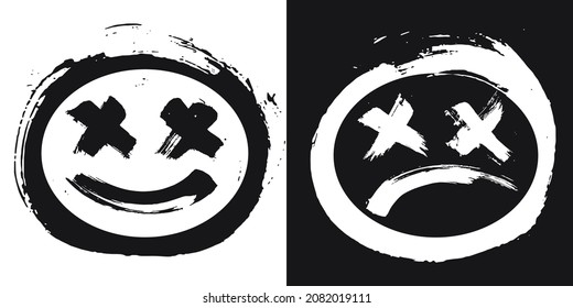 Hand drawn sad, sorrowful, mournful, deplorable, dismal, tragic and smile face. Grunge ink brush stroke isolated on white and black background. Vector illustration