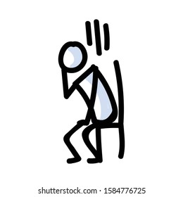 Hand Drawn Sad Stick Figure Sitting In Chair. Concept of Alone Upset Expression. Simple Icon Motif for Despair Grief Communication. Emotion, Trouble, Bujo Illustration. Vector EPS 10. 