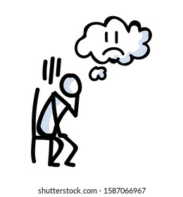 Hand Drawn Sad Stick Figure Sitting In Chair. Concept of Alone Upset Expression. Simple Icon Motif for Despair Grief Thought Bubble. Emotion, Trouble, Bujo Illustration. Vector EPS 10. 
