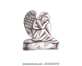 Hand drawn sad stone angel sitting with his head on his knees. Marble tombstone. Vector drawing isolated illustration for funeral business. Sketch christian symbol of death, cemetery	