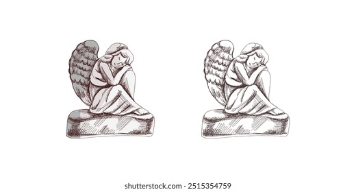 Hand drawn sad stone angel sitting with his head on his knees. Marble tombstone. Vector drawing isolated illustration for funeral business. Sketch christian symbol of death, cemetery	