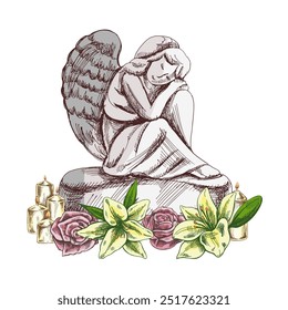 Hand drawn sad stone angel sitting with his head on his knees. Marble tombstone with candles and lilies. Vector drawing isolated illustration for funeral business. Sketch christian symbol of death, 