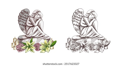 Dibujado a mano ángel de piedra triste sentado con la cabeza sobre las rodillas. Lápida de mármol con velas y lirios. Ilustración aislada del dibujo del Vector para el negocio del funeral. 