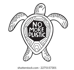 Hand drawn sad turtle, with message on  shell - No more plastic. Ocean pollution problem concept. Isolated vector illustration in line design