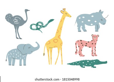 Hand drawn Safari African animals vector set. Collection including giraffe, elephant, rhino, emu, snake, crocodile, cheetah. Scandinavian colorful childish illustration.