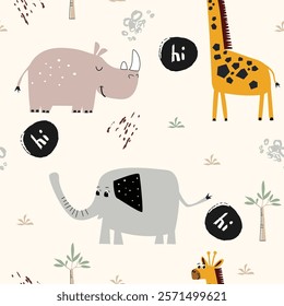 Hand drawn safari animal vector illustration, childish background with cute elephant, giraffe and rhinos 